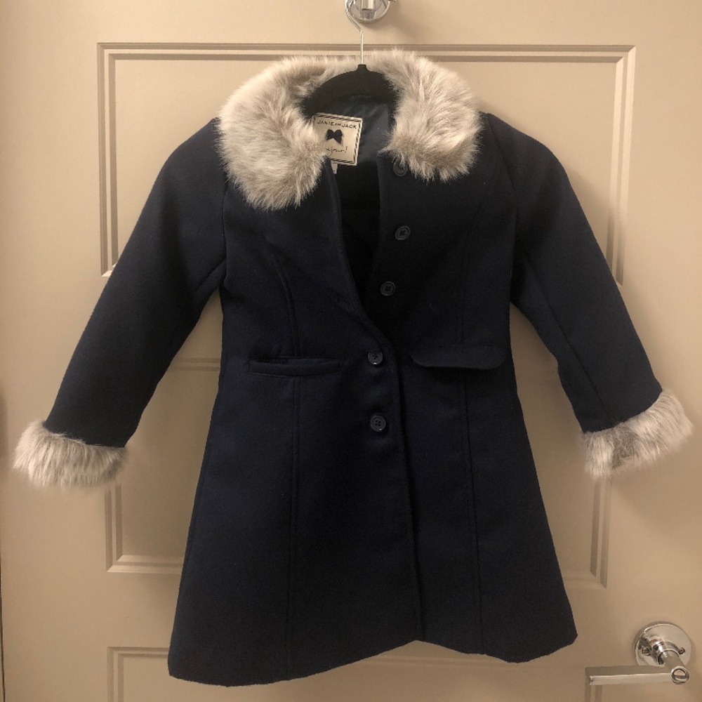 Janie & Jack Navy Coat with Grey Fur